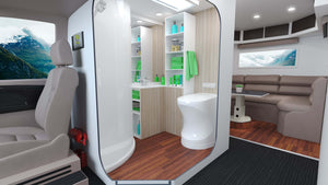 modern RV interior featuring a bathroom with an incineration toilet and shower, designed for comfort and hygiene.