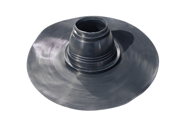 Cinderella roof feed through flange for incineration toilet ventilation, made of durable rubber for weather resistance.