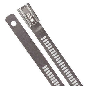 Silver stainless steel cable tie showing locking mechanism and perforated design for securing insulation during repairs.