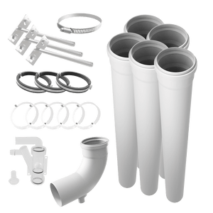 Cinderella® Freedom Ventilation Kit components including pipes, clamps, and seals for efficient gas installation.