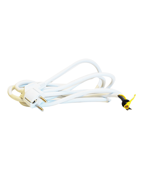 White 220-240V supply cable with a two-pin plug and yellow safety feature, ideal for electrical connections.