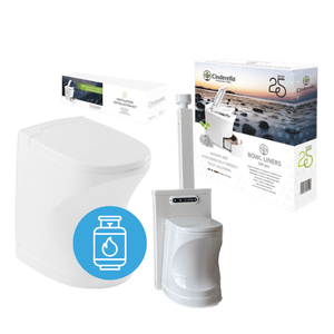 Cinderella Incineration Toilet and Urinal Bundle with Gas Icon, includes accessories and packaging for efficient waste management.