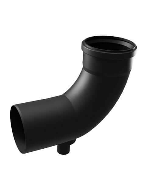 Black matte 87º elbow pipe with condensate drain for Cinderella® Comfort ventilation systems.