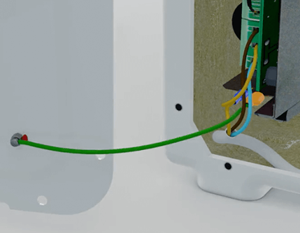 Cinderella® rear panel ground wire installation showing green wire connected to the internal circuitry.