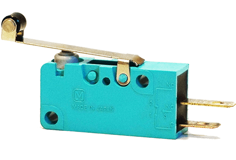 Cinderella® Micro Switch model ABV1236513, featuring a blue casing and a lever, made in Japan, no cables included.