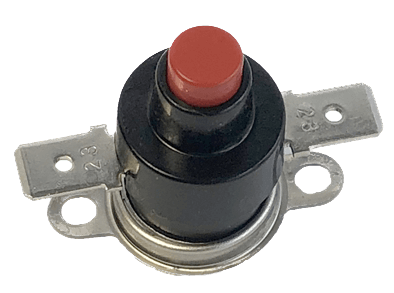 Cinderella thermostat bimetal with red manual reset button and metal mounting tabs for temperature control systems.