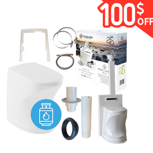 Cinderella Travel incineration toilet bundle with urinal, gas-saving features, $100 discount promotion.