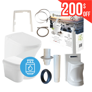 Cinderella Travel incineration toilet bundle with urinal and $200 discount offer, ideal for efficient waste management.