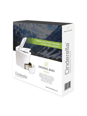 Cinderella incinerating toilet packaging with eco-friendly design, available at Cabin Depot, featuring original bags, 500 pieces.