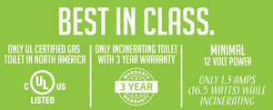 Best in class features of Cinderella Freedom Incineration Toilet at The Cabin Depot™. UL certified, 3-year warranty, minimal power use.