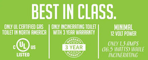 Cinderella Freedom toilet features: UL certified, 3-year warranty, minimal 12-volt power usage; available at Cabin Depot.