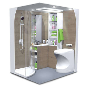 Stylish bathroom setup featuring Cinderella Travel Incineration Toilet for eco-friendly waste management, available at Cabin Depot.
