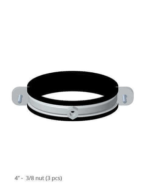 Support clamp for Cinderella® flue pipe, part of the wall mount kit available at Cabin Depot, designed for secure pipe installation.
