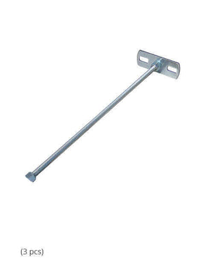 Cinderella Wall Mount Rod for Flue Pipe, part of Kit from Cabin Depot, metal construction, includes mounting base, shown in 3 pieces.