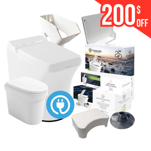 Cinderella Comfort electric incineration toilet bundle with accessories, featuring $200 off promotional label.