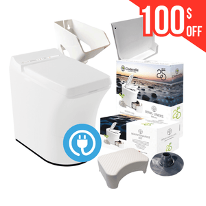 Cinderella Comfort electric incineration toilet bundle with maintenance kit and bowl liners, $100 off promotion.