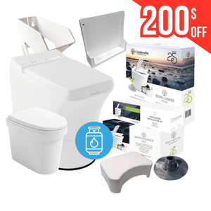 Cinderella Freedom incineration toilet bundle with accessories, $200 off, ideal for water-free waste disposal.