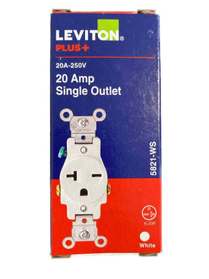 Leviton 20A-250V single outlet packaging with Kedron 6-20R outlet and cover, available at Cabin Depot.